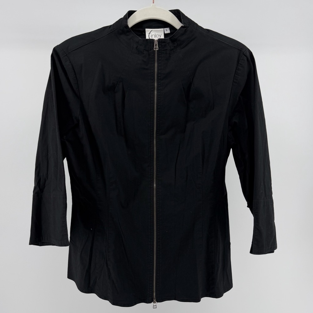 Finley Black Zip Front Poplin Cotton Blend Blouse Top, Women's Large